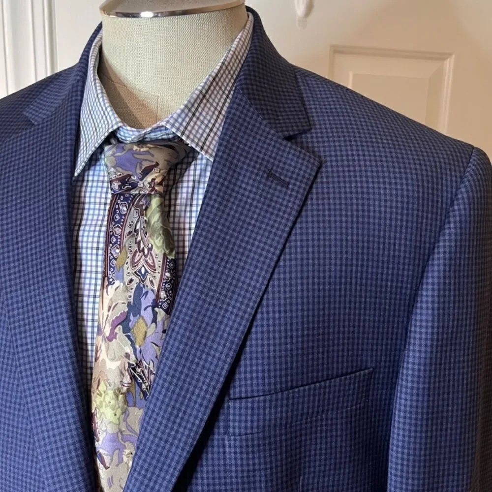 EUC Men's Jos. A. Bank Navy Gingham Check Sport Coat Blazer Jacket‎ 44L 44 Long